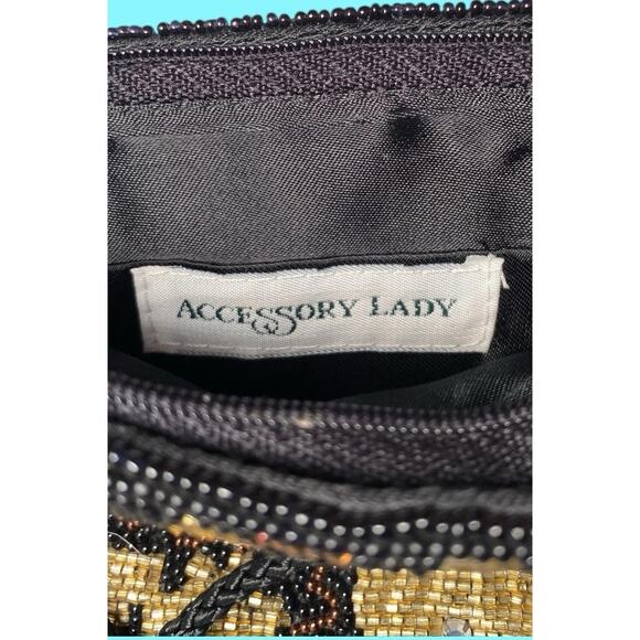 Beaded Evening Black Bag Gold Flowers & Fringe Rhinestones By Accessories Lady - Picture 4 of 8